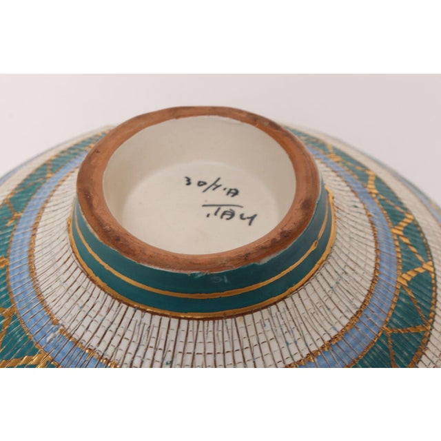 Large Teal and Gilt Ceramic "Seta" Pedestal Bowl by Aldo Londi for Bitossi Italy For Sale - Image 16 of 16