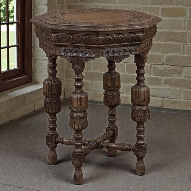 Antique Jacobean Style Octagonal End Table in Hand Waxed Oak is a beautifully scaled accent table with rich carved detail,...