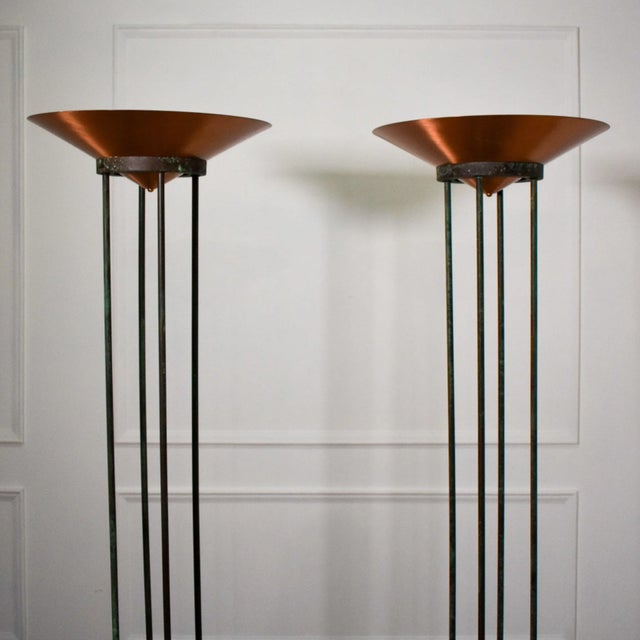 Mid-Century Modern 1980's Verdigris Copper Tube Torchiere Floor Lamps by Jim Bindman for Rainbow Lamp - A Pair For Sale - Image 3 of 10