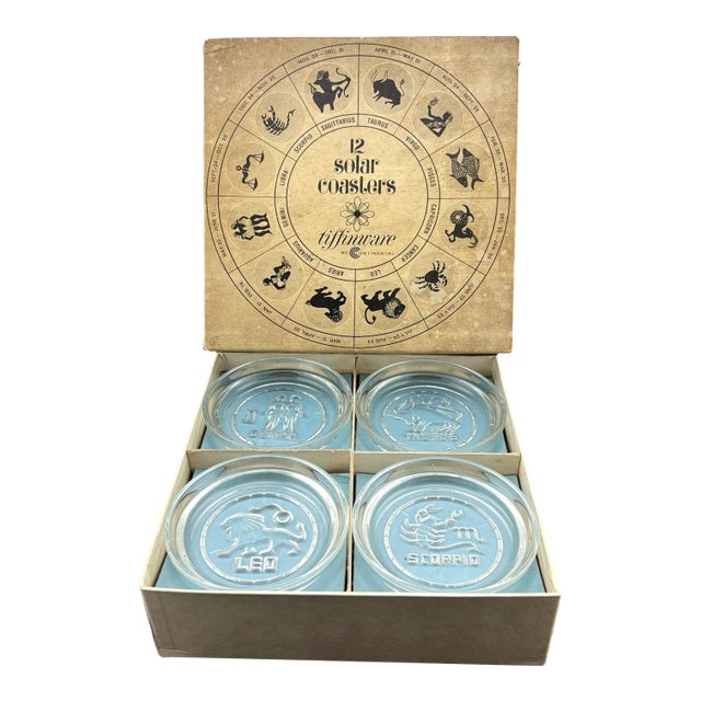 1970's Tiffin Ware by Continental Glassware Coasters Zodiac Astrology Set of 12 in Original Box For Sale