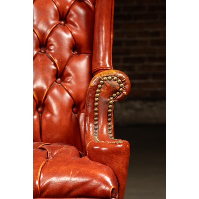 Burnt Orange Vintage Wingback Tufted Armchair With Ottoman in Burnt Orange For Sale - Image 8 of 12