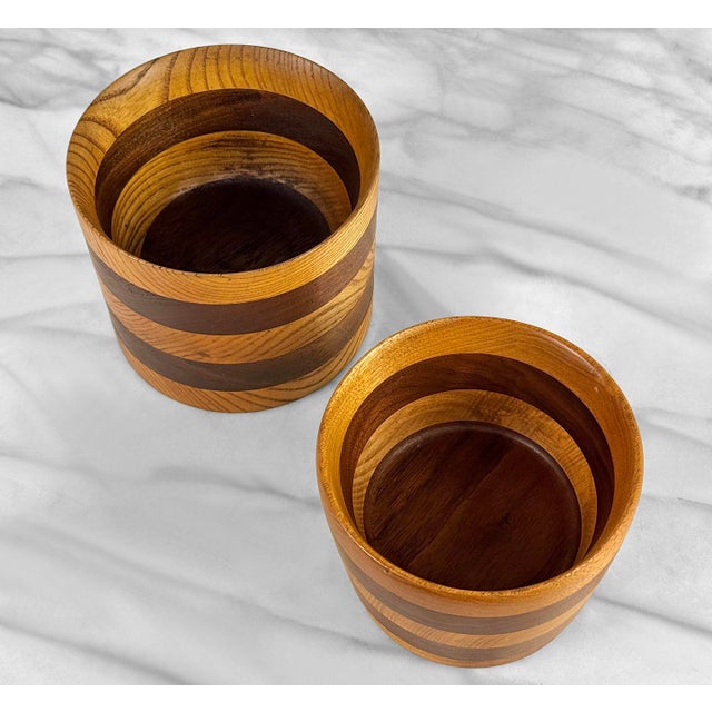 1960s Mid-Century Turned Walnut Stripped Nesting Bowls - A Pair For Sale - Image 5 of 8