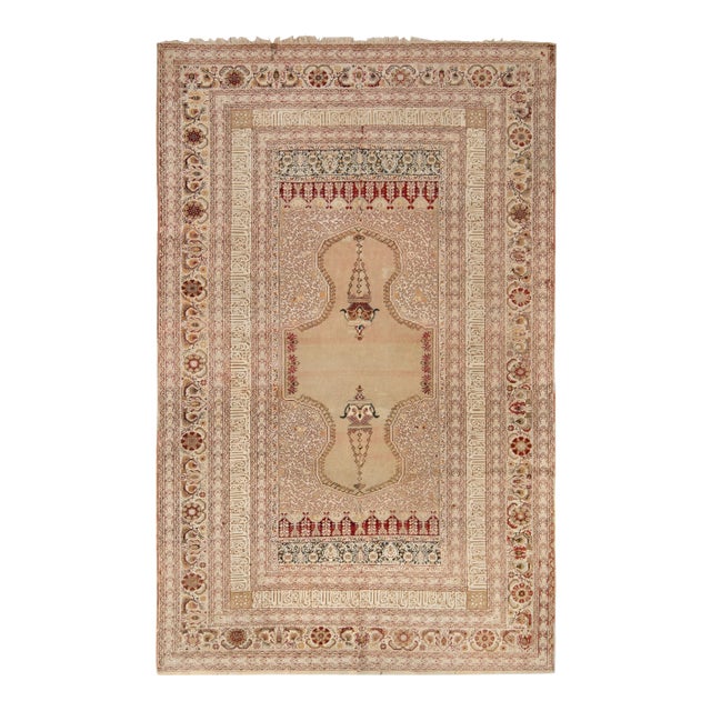 Hand-Knotted Antique Ghiordes Rug in Beige-Brown and Pink Floral Pattern For Sale