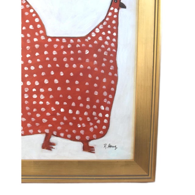 An original whimsical folk art painting by artist Ruth Arenz, featuring a stylized red hen/chicken/rooster with white...