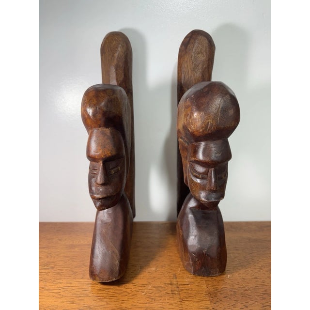 Wood Vintage African Hand Carved Wood Couple Bust Bookends Tribal Folk Art 12" For Sale - Image 7 of 15