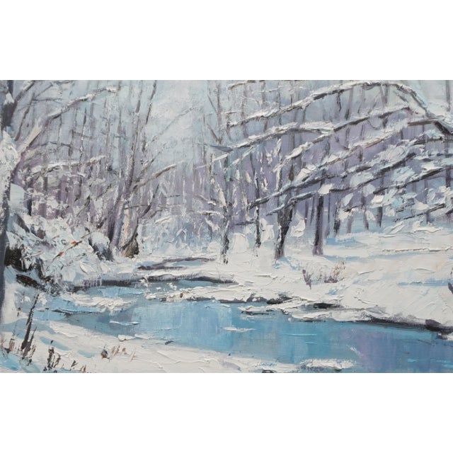 Original oil landscape by Sean Wu, The forest stream after the snowfall—a silent, snow-white expanse.