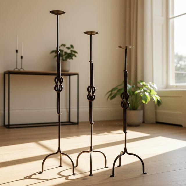 Metal Hand Forged Iron Candelabra Set of 3 (88-108cm) Antique Copper Double Stem with Hercules Knot and Arched Base For Sale - Image 7 of 12