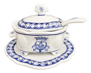 Small Portuguese Blue Willow Porcelain Tureen with Saucer and Ladle by Flabal