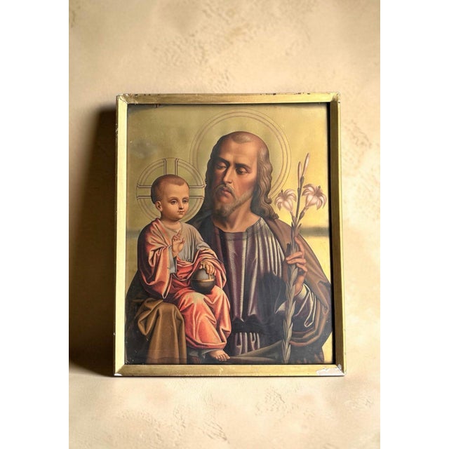 Antique Saint Joseph & Infant Jesus Chromolithograph, Original Nailed Wood Frame, Religious Art For Sale - Image 9 of 9