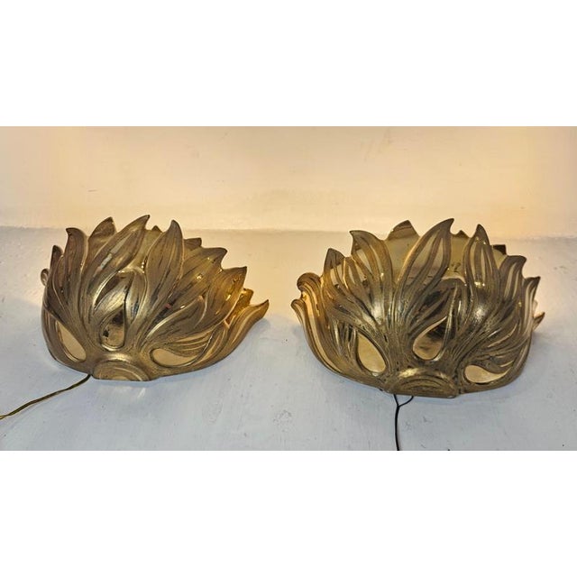 Italian Gilt Metal Lotus Flower Wall Sconces, 1980s For Sale - Image 9 of 13