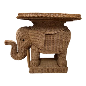 1960s Handbraided Rattan Wicker Nose Up Elephant Side Table With Tray Wooden Tusks and Base in the Style of Vivai Del Sud