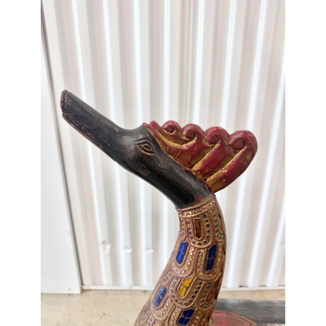 This vintage striking, large-scale Balinese folk art sculpture depicts a stylized mythical bird—likely a Hansa (sacred...