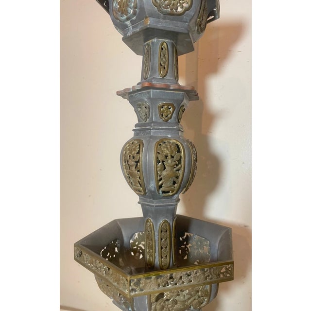 Large Antique Chinese Handmade Pewter Brass Pagoda Tower Electric Table Lamp For Sale - Image 9 of 13