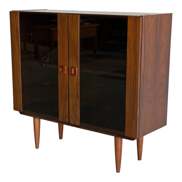 Rosewood Cabinet With Smoked Glass Doors and Built in Lamp Denmark 1960s For Sale