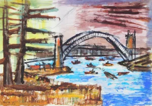 Byron Randall "Bridge- Sydney Harbor" Australian Seascape in Gouache, 1944 1944