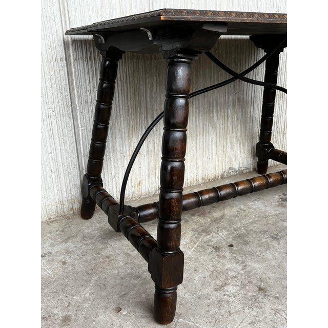 Wood 19th Spanish Side Table With Cared Turned Legs and Wood Stretcher For Sale - Image 7 of 9