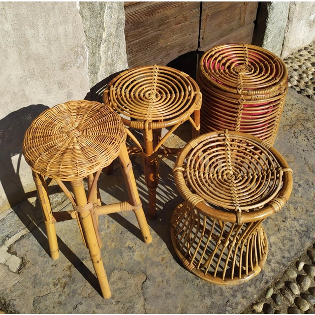 Large batch of bamboo, rattan and wicker elements for garden. Produced in Italy by various manufacturers such as Castano...