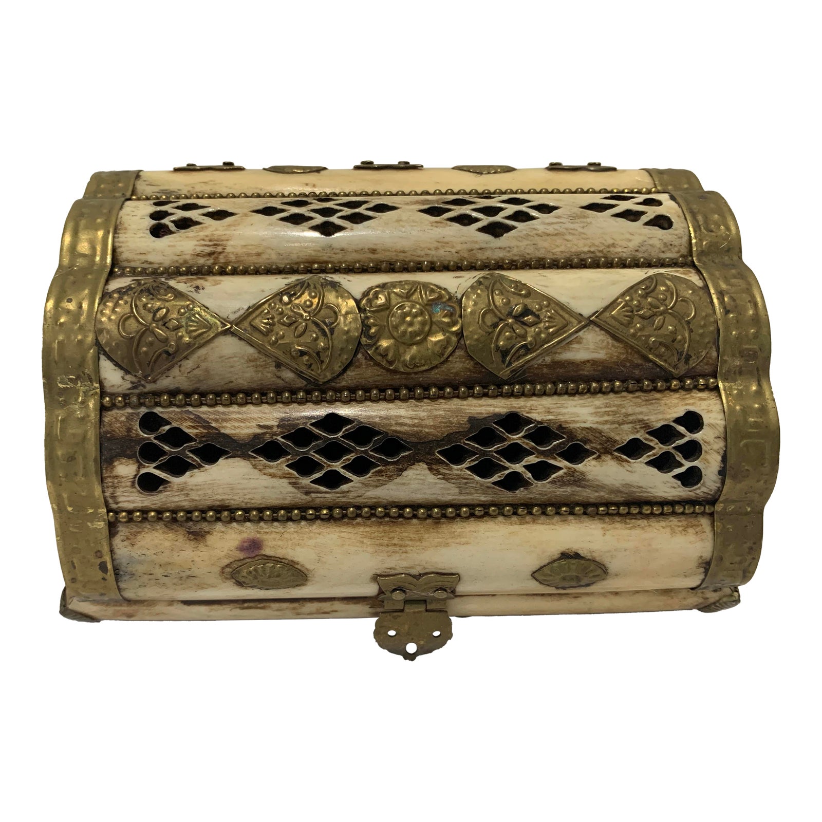 Vintage Camel Bone Art Lined Trinket Jewelry Box Brass Hardware, Made