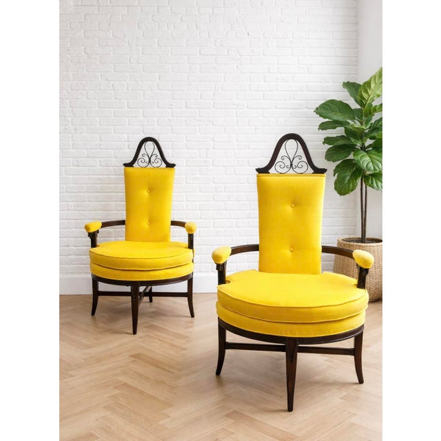 Hollywood Regency Pair - Custom Hollywood Regency High-Back Throne Chairs | Canary Yellow Velvet Upholstery – Mid Century Accent Seating For Sale - Image 3 of 15