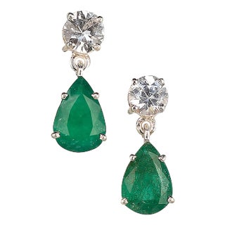 Dangle Emerald and Scintillating Real Zircon Earrings - 2 Pieces For Sale
