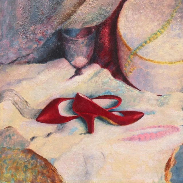'Red Pumps' by Agnes B, 1963, Women's Fashion Shoes, Hat & Hatbox, Large Intimiste Oil, Boudoir For Sale - Image 4 of 8