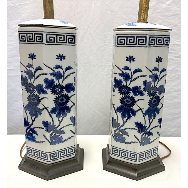 Late 20th Century Vintage Mid Century Blue and White Ceramic Hexagon Shaped Table Lamps- A Pair For Sale - Image 5 of 17