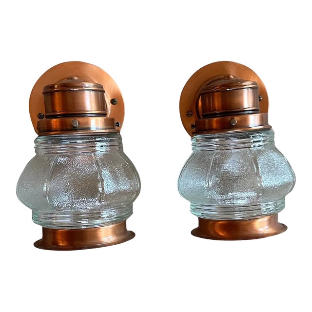 Pair of Copper and Paneled Glass Jar Wall Sconces, Circa 1930 For Sale