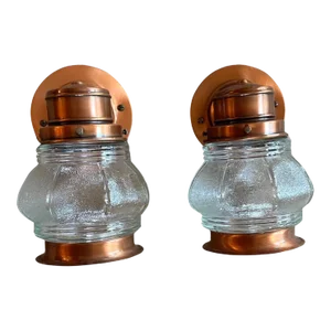 Pair of Copper and Paneled Glass Jar Wall Sconces, Circa 1930