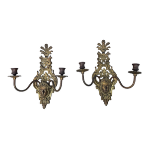 Pair of Antique Victorian Figural 2 Light Candelabra Wall Sconces With Maiden Heads