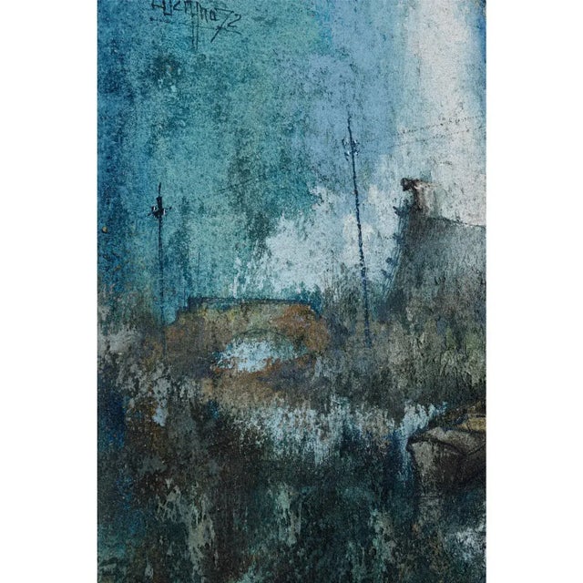 Expressionist Rustic European Blue White and Teal Village Landscape Painting With Boat For Sale - Image 12 of 16
