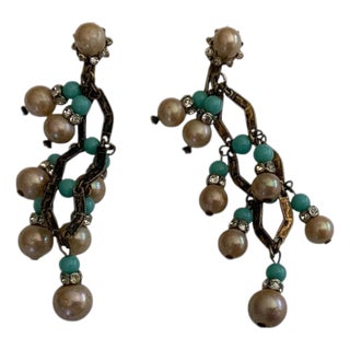 Pair of Vintage Vendome Faux Pearl & Turquoise Earrings For Sale