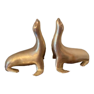 1970s Mid-Century Modern Spanish Brass Sea Lion Book Ends by Sarreid Ltd.- a Pair