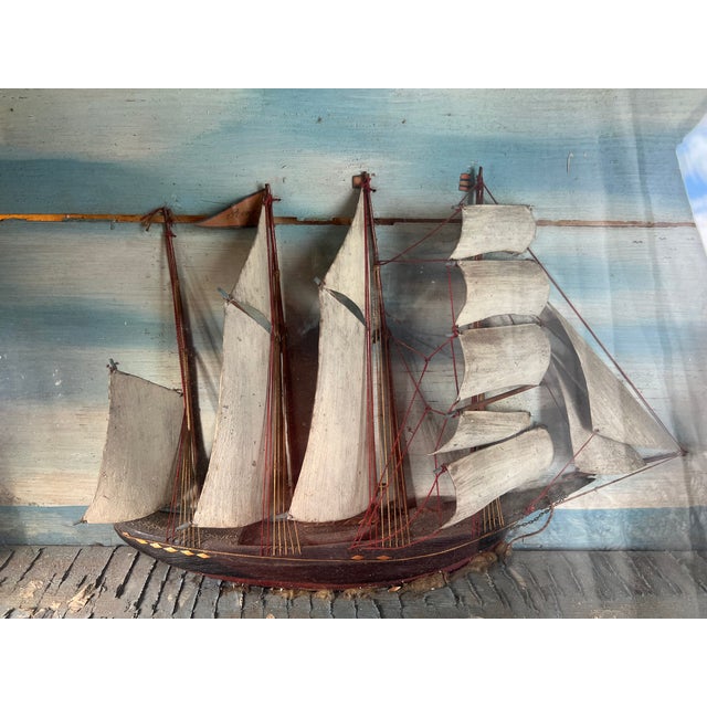Wood Mid-Century Modern Maritime Diorama with Large Sailing Ship Under Glass, United States, 1950s For Sale - Image 7 of 10