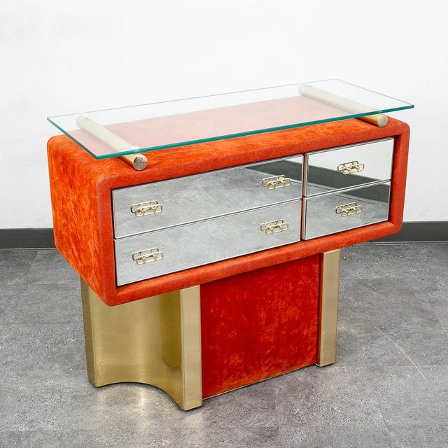 Orange 1970s Mid Century Modern Chest Entryway Cabinet Mirrored Glass Orange Velvet Italy For Sale - Image 8 of 11
