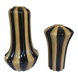 Art Deco Hollywood Regency Black & Tan Fluted Ceramic Vase Pair For Sale