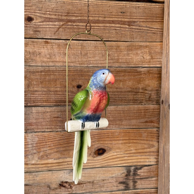 Vintage Ceramic Glazed Parrot on Brass Perch With Hanging Chain For Sale In Naples, FL - Image 6 of 11