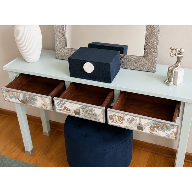 Robin's Egg Blue One-of-a-Kind Hand Painted Console Table | Entryway Table | Blue Console | Fabric Drawer Fronts | Cottage Luxe | French Country For Sale - Image 8 of 9