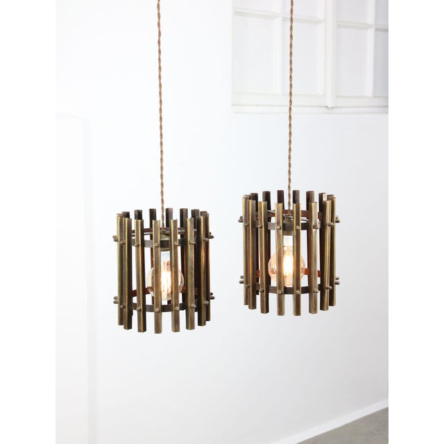 Brown Vintage Italian Brass Cage Pendant Lamps, 1970s, Set of 2 For Sale - Image 8 of 15