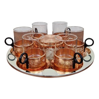 Mid-Century Glass and Copper Tea Set, Germany, 1960s, Set of 8 For Sale