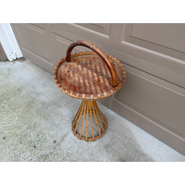 McGuire Mid-Century Palm Beach Bamboo & Woven Rattan Drinks Table With Carrying Handle For Sale - Image 4 of 12