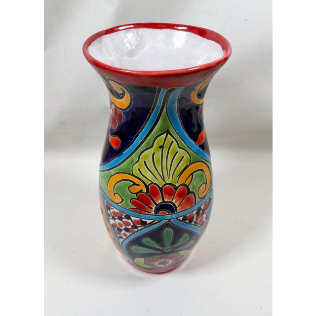 Hand Painted Colorful Talavera Vase Mexico Pottery 14” Signed J Leganz For Sale - Image 4 of 7
