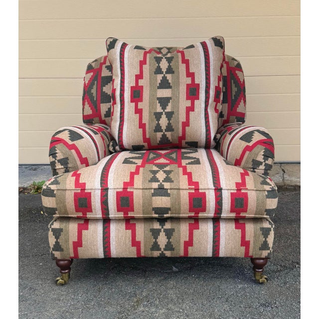Ralph Lauren Wyland Chair, Ottoman and matching throw pillow in rare discontinued Ralph Lauren wool fabric “Four Corners”...