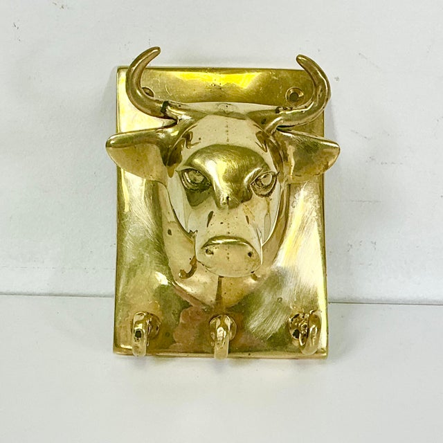 Mid-Century Boho Chic Farmhouse SoutwesternBrass Bull Wall Hooks - 3 Small Key, 1 Large Hook For Sale - Image 6 of 9