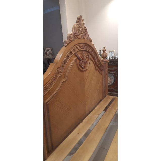 Chestnut New European Classical / Baroque Revival Ornate Hand-Carved Solid Wood King Bed With Decorative Finials For Sale - Image 8 of 11