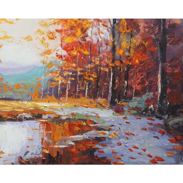 Original oil landscape by Sean Wu, A wooded stream and the path along its bank amidst the autumn scenery.