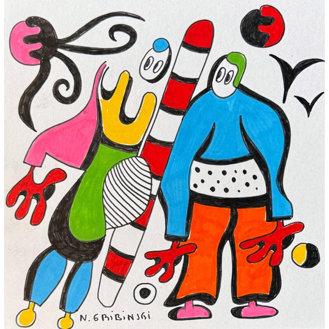 Carnival of Friendship — Small Abstract Figurative Drawing (8 X 8 In, 2025) For Sale
