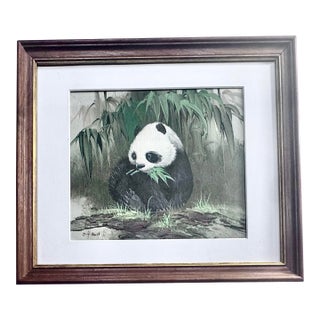 Mid Century Panda in Bamboo Forest Original Oil Painting on Canvas by English Artist Roger Hall (1914-2006) For Sale