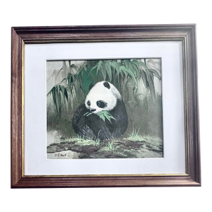 Mid Century Panda in Bamboo Forest Original Oil Painting on Canvas by English Artist Roger Hall (1914-2006)