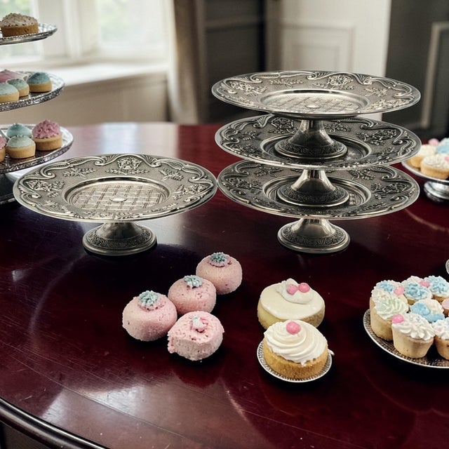 Rarely encountered as a coordinated group, this set of four English silver-plated pedestal stands transforms classic Tudor...