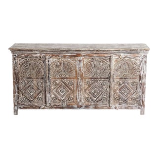 Antique Whitewashed Floral Carved Sideboard With Brass Studs – Vintage Buffet Credenza 72x35 For Sale